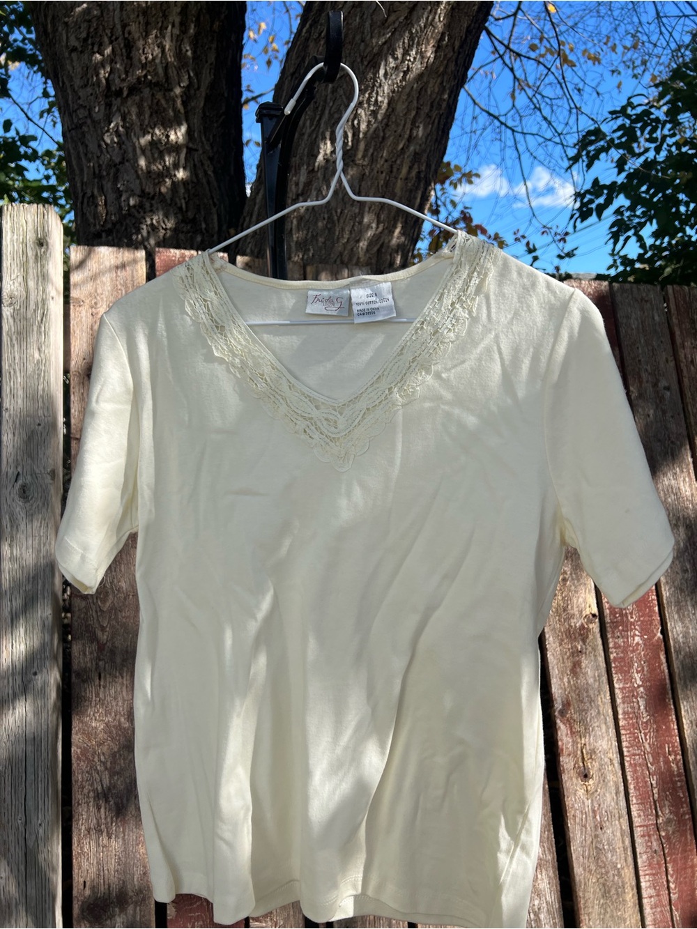 Cream V-Neck Short Sleeve Top with Lace Insert